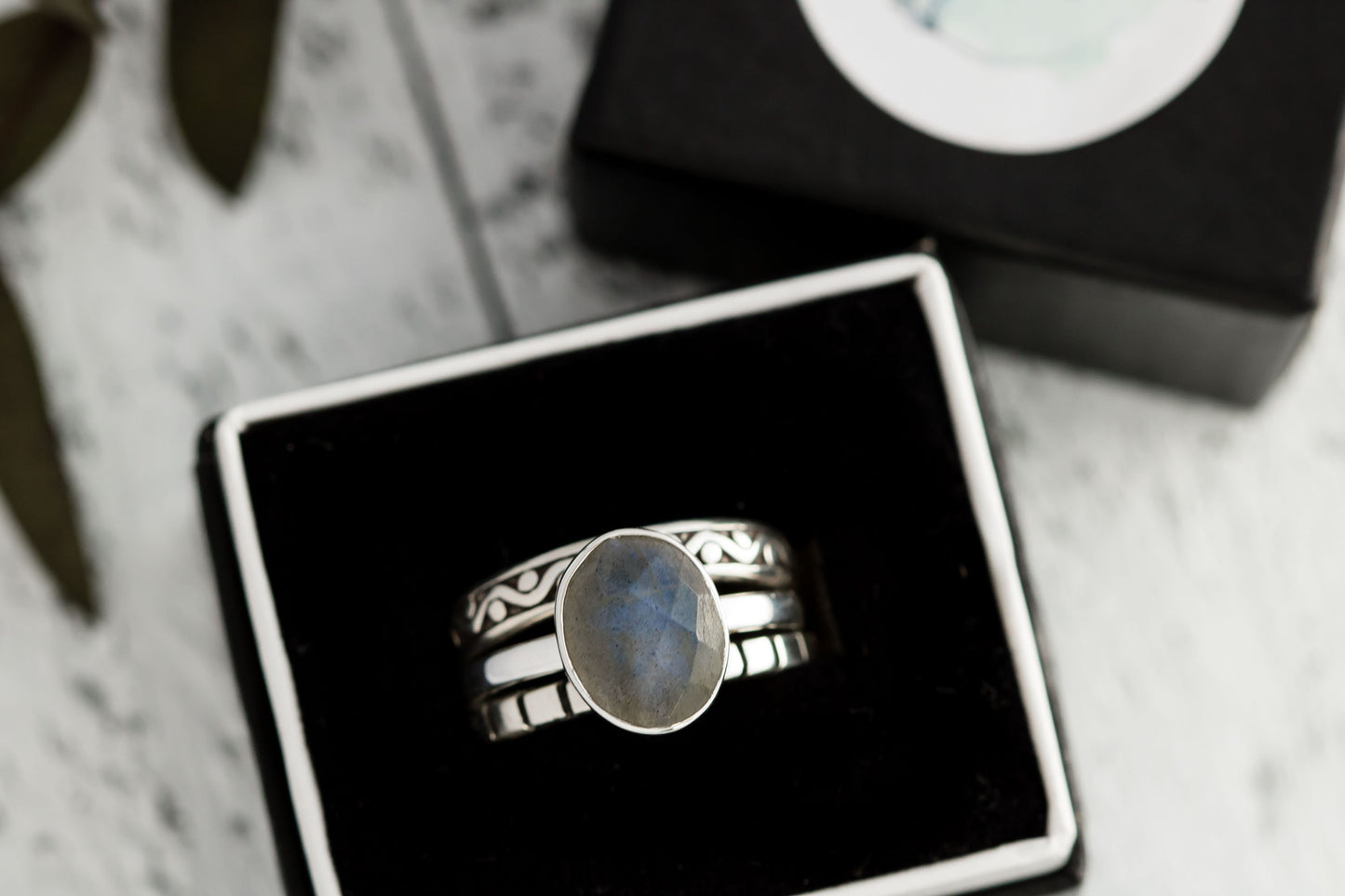 Sterling Silver Labradorite Stacking Ring Set • Blue Flash Sterling Silver Ring • Boho Statement Rings • Opalescent Ring