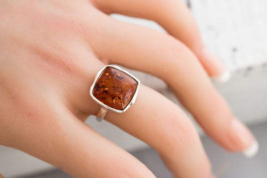 925 Sterling Silver Genuine Baltic Amber Chunky Ring on Hand. 