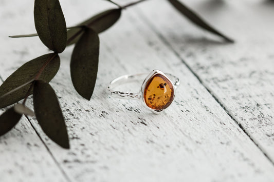 Sterling Silver Baltic Amber Ring, Textured Organic Band, Ethically Sourced Amber Statement Jewelry