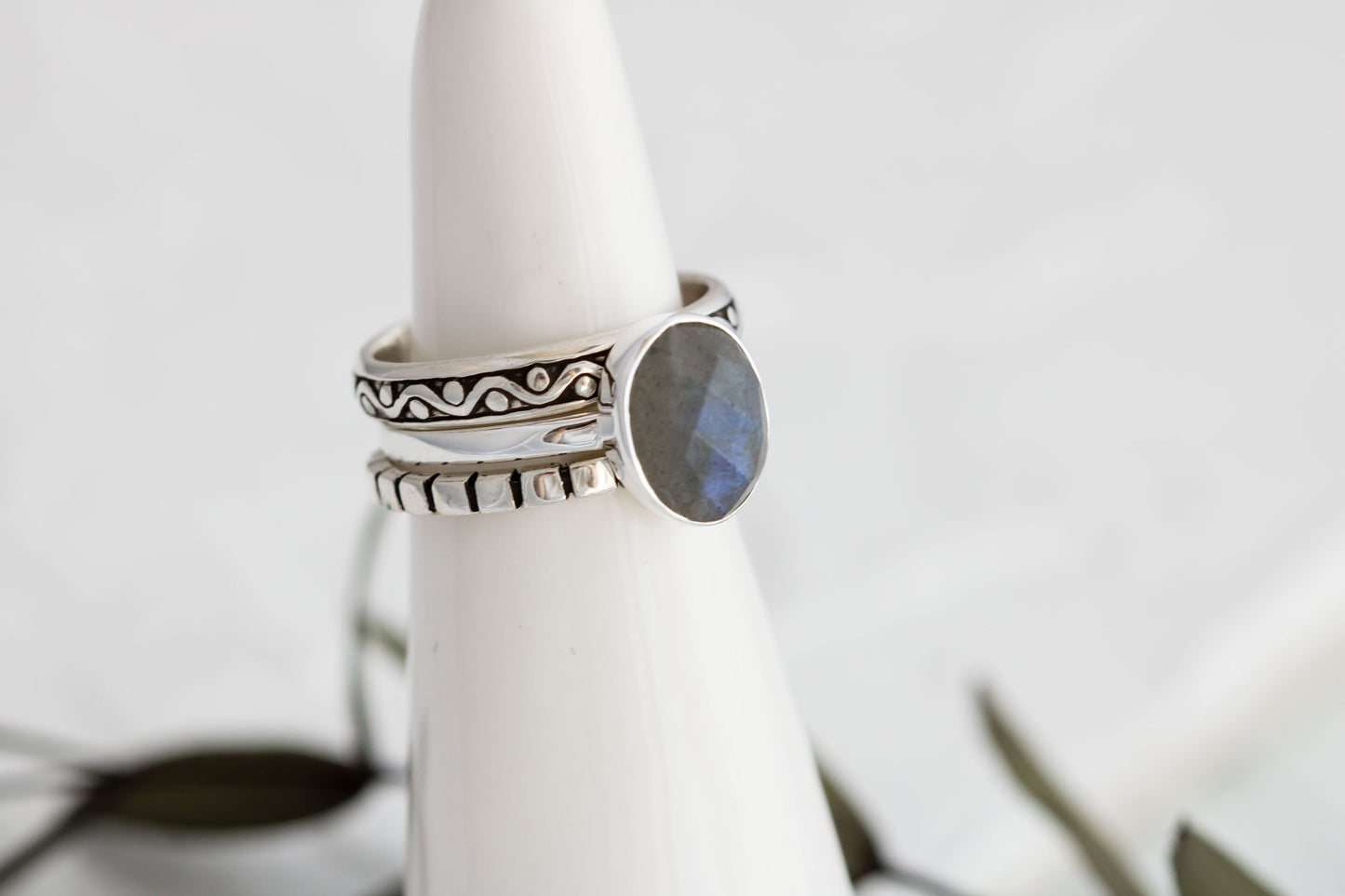 Sterling Silver Labradorite Stacking Ring Set • Blue Flash Sterling Silver Ring • Boho Statement Rings • Opalescent Ring