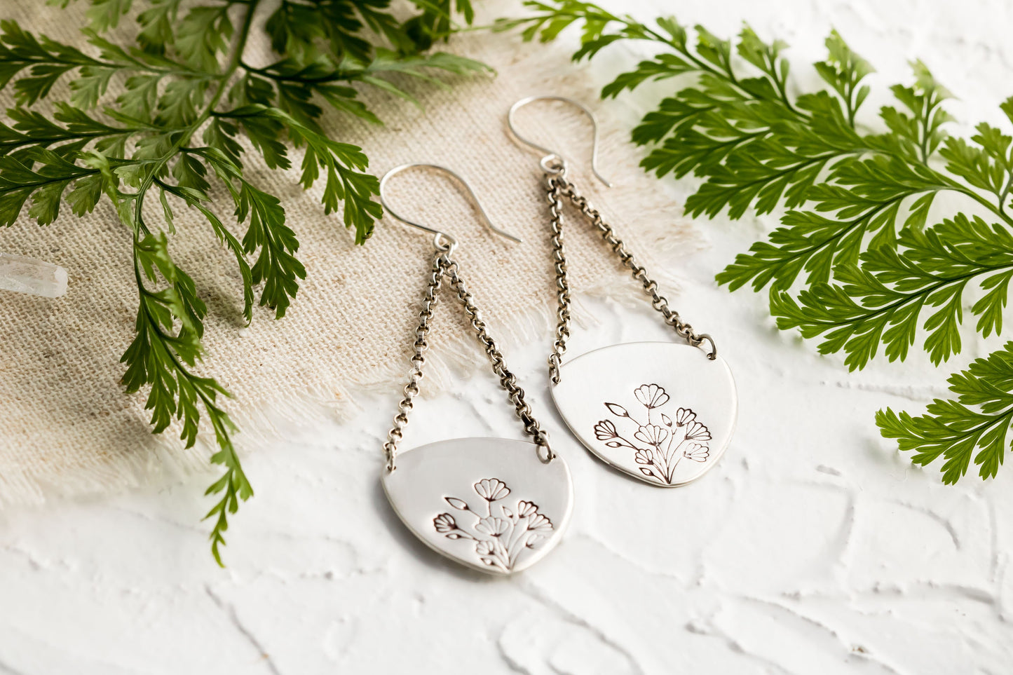 Sterling Silver Floral Dangle Earrings ∙ Artisan Made Earrings ∙ Botanical Inspired Jewelry ∙ Floral Chain Earrings • Art Nouveau Inspired