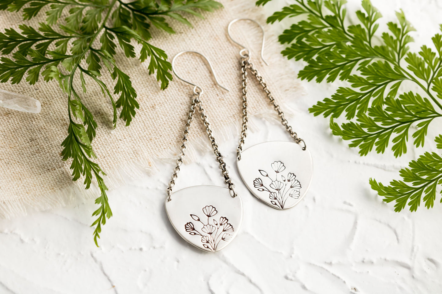 Sterling Silver Floral Dangle Earrings ∙ Artisan Made Earrings ∙ Botanical Inspired Jewelry ∙ Floral Chain Earrings • Art Nouveau Inspired