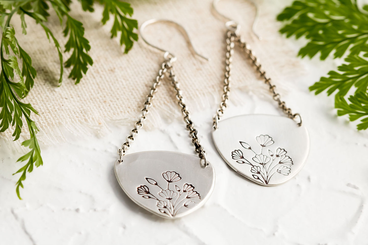 Sterling Silver Floral Dangle Earrings ∙ Artisan Made Earrings ∙ Botanical Inspired Jewelry ∙ Floral Chain Earrings • Art Nouveau Inspired