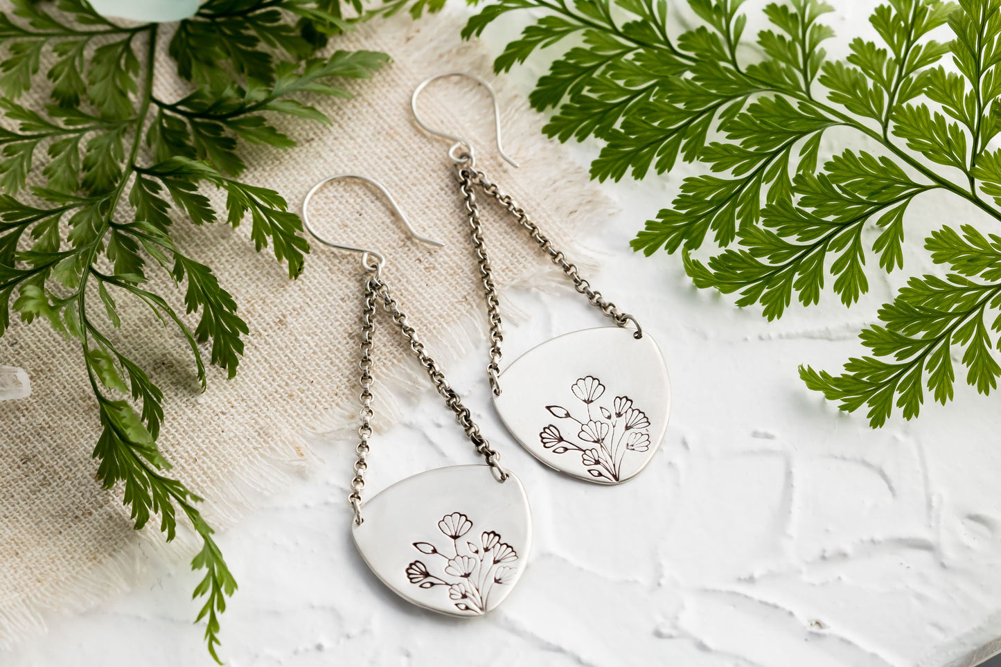 Sterling Silver Floral Dangle Earrings ∙ Artisan Made Earrings ∙ Botanical Inspired Jewelry ∙ Floral Chain Earrings • Art Nouveau Inspired