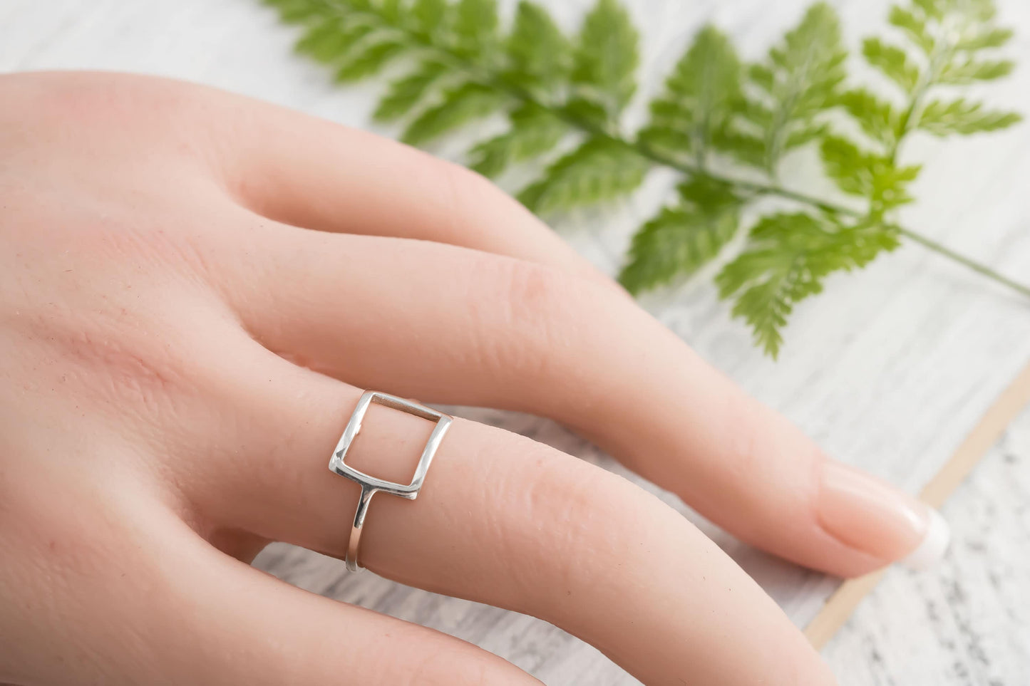 Sterling silver open rectangular square modern ring.